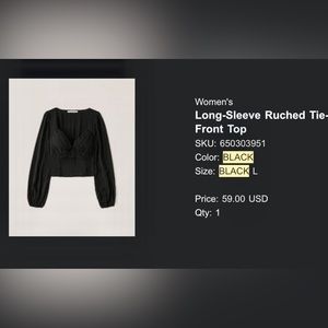 Abercrombie and fitch, Black, womens long sleeve ruched tie front top.